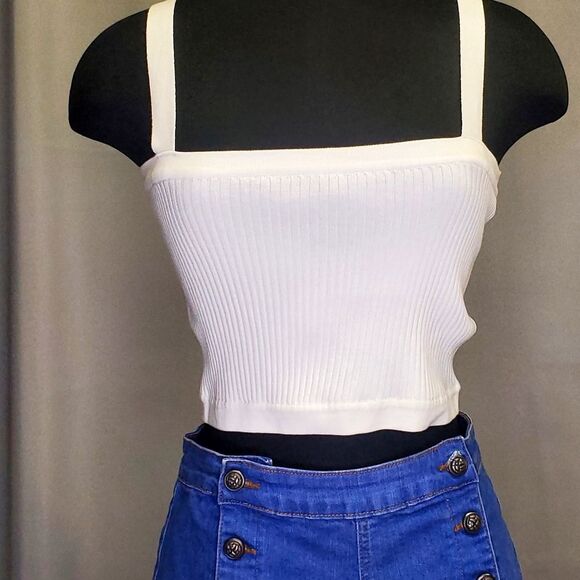 CIDER Women White Knit Crop Top Square Neck - Picture 3 of 6